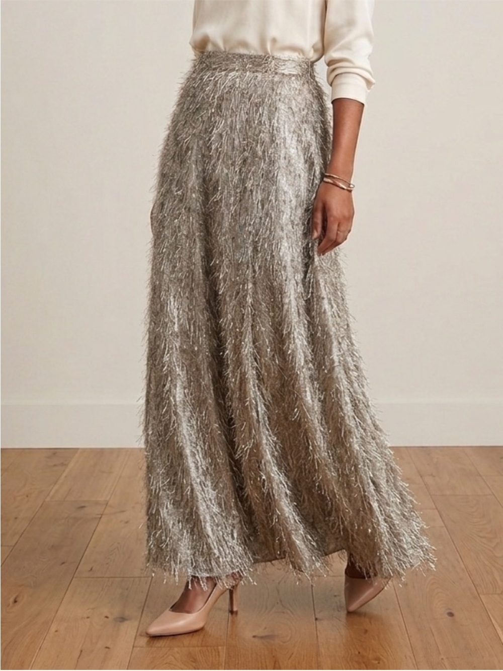Tuckernuck Pewter Metallic Tinsel Esme Maxi Skirt Size Small NWT